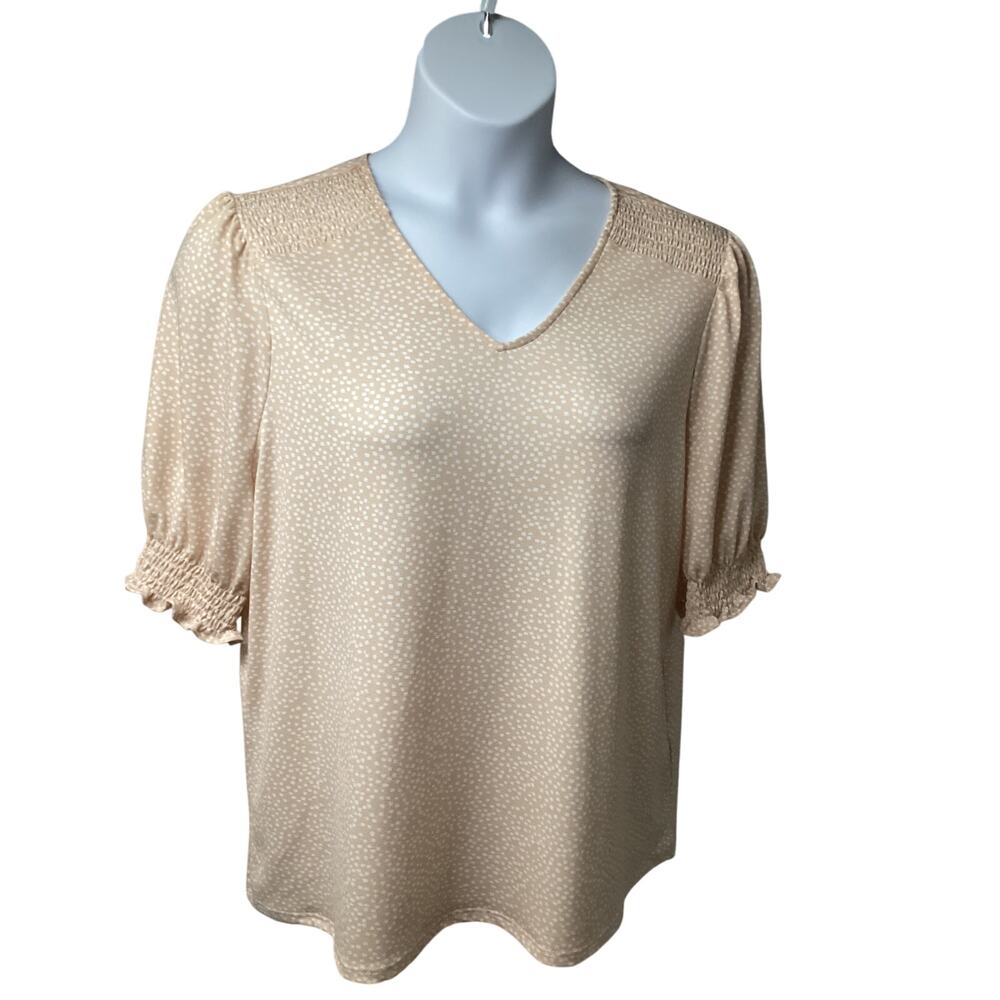 Adrianna Papell Peach Polka Dot Pullover V-Neck Top Shirr Shirt XL Stretch
